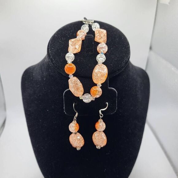 Demi Parure Sterling Silver Orange set of Earrings and Bracelet - Picture 1 of 7